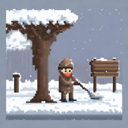 Create a pixel art image featuring a rustic man shoveling snow