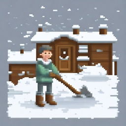 Create a pixel art image featuring a rustic man shoveling snow