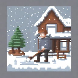 Create a pixel art image featuring a rustic man shoveling snow