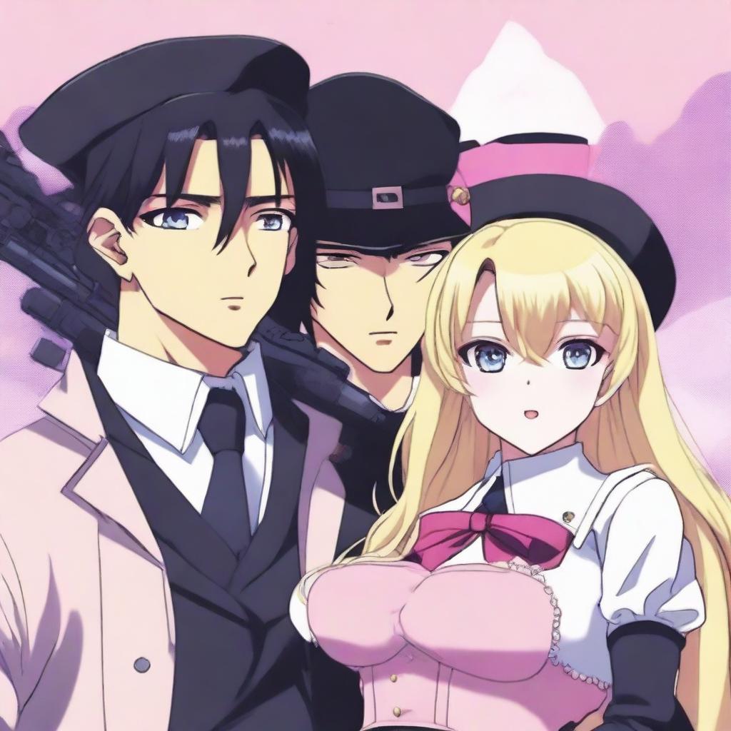 An anime-style image of a man with black hair, wearing a black hat, black costume, and a black tie