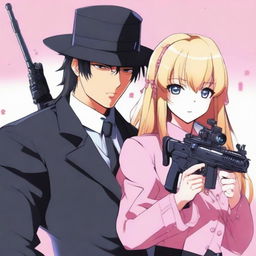 An anime-style image of a man with black hair, wearing a black hat, black costume, and a black tie