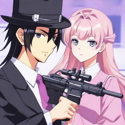 An anime-style image of a man with black hair, wearing a black hat, black costume, and a black tie