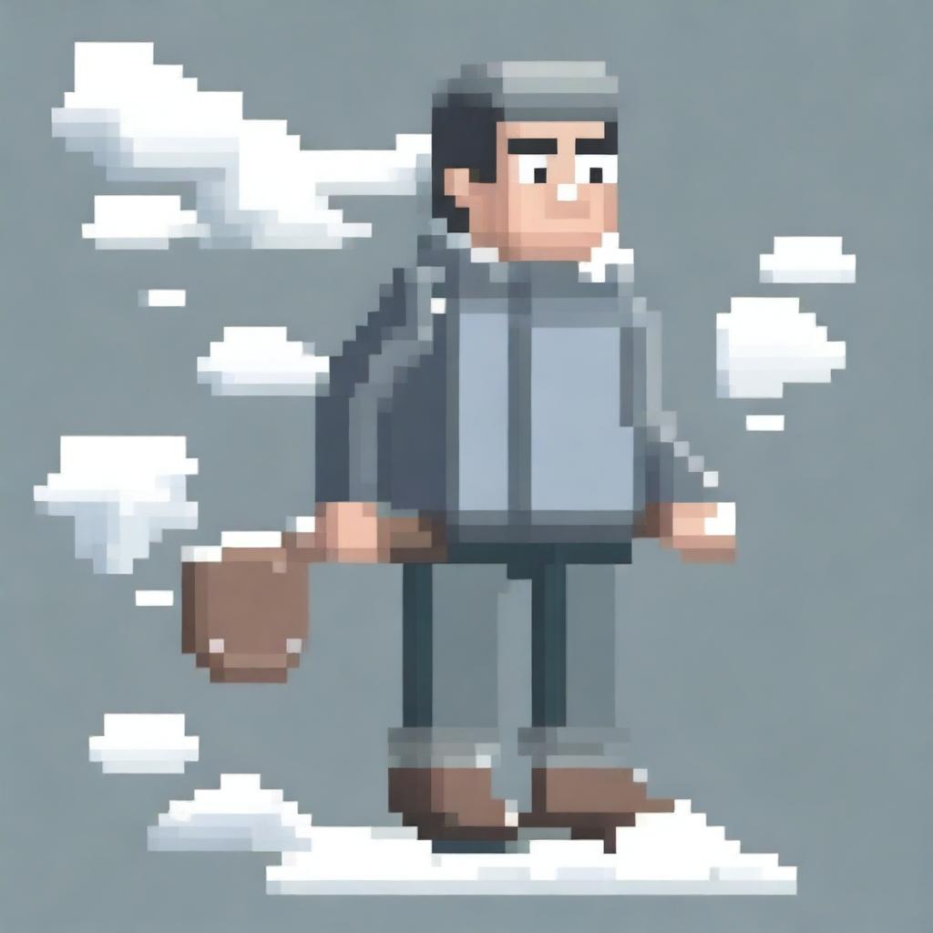 Create a pixel art image of a rural man shoveling snow, wearing a grey sweater, on a transparent background