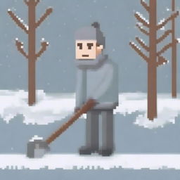 Create a pixel art image of a rural man shoveling snow, wearing a grey sweater, on a transparent background