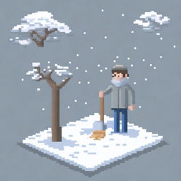 Create a pixel art image of a rural man shoveling snow, wearing a grey sweater, on a transparent background