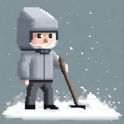 Create a pixel art image of a rural man shoveling snow, wearing a grey sweater, on a transparent background