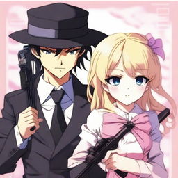 An anime-style image of a man with black hair, wearing a black hat, black costume, and a black tie