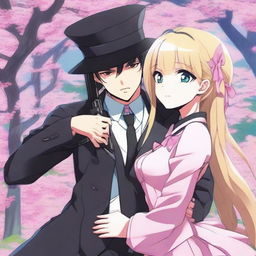 An anime-style image of a man with black hair, wearing a black hat, black costume, and a black tie