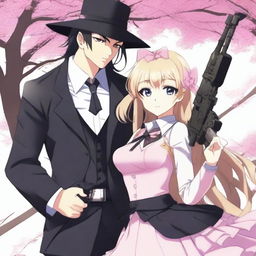 An anime-style image of a man with black hair, wearing a black hat, black costume, and a black tie