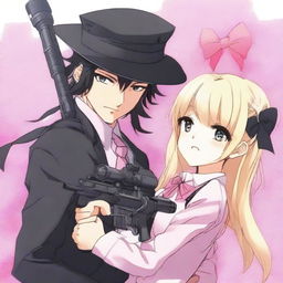 An anime-style image of a man with black hair, wearing a black hat, black costume, and a black tie