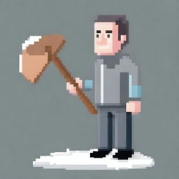 Create a pixel art image of a realistic person wearing a grey sweater and holding a snow shovel, standing on a white background