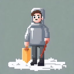 Create a pixel art image of a realistic person wearing a grey sweater and holding a snow shovel, standing on a white background