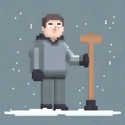 Create a pixel art image of a realistic person wearing a grey sweater and holding a snow shovel, standing on a white background