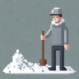 Create a pixel art image of a realistic person wearing a grey sweater and holding a snow shovel, standing on a white background