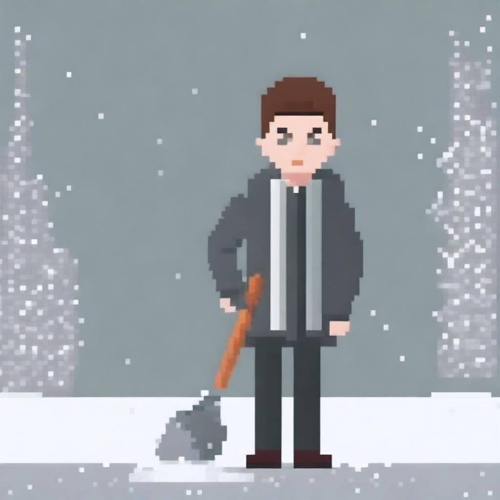 Create a pixel art image featuring a realistic person in a grey jacket holding a snow shovel on a white background