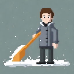 Create a pixel art image featuring a realistic person in a grey jacket holding a snow shovel on a white background