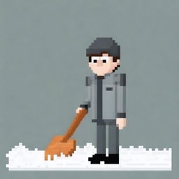 Create a pixel art image featuring a realistic person in a grey jacket holding a snow shovel on a white background