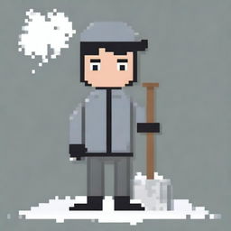 Create a pixel art image featuring a realistic person in a grey jacket holding a snow shovel on a white background