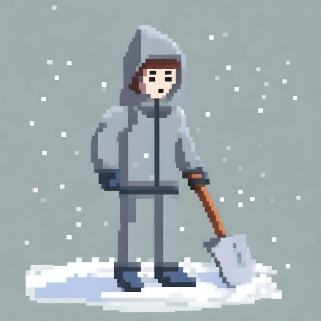 Create a pixel art image featuring a realistic person wearing a grey jacket and holding a snow shovel on a white background