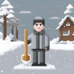 Create a pixel art image featuring a realistic person wearing a grey jacket and holding a snow shovel on a white background