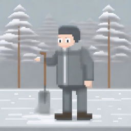 Create a pixel art image featuring a realistic person wearing a grey jacket and holding a snow shovel on a white background