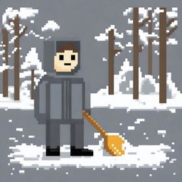 Create a pixel art image featuring a realistic person wearing a grey jacket and holding a snow shovel on a white background