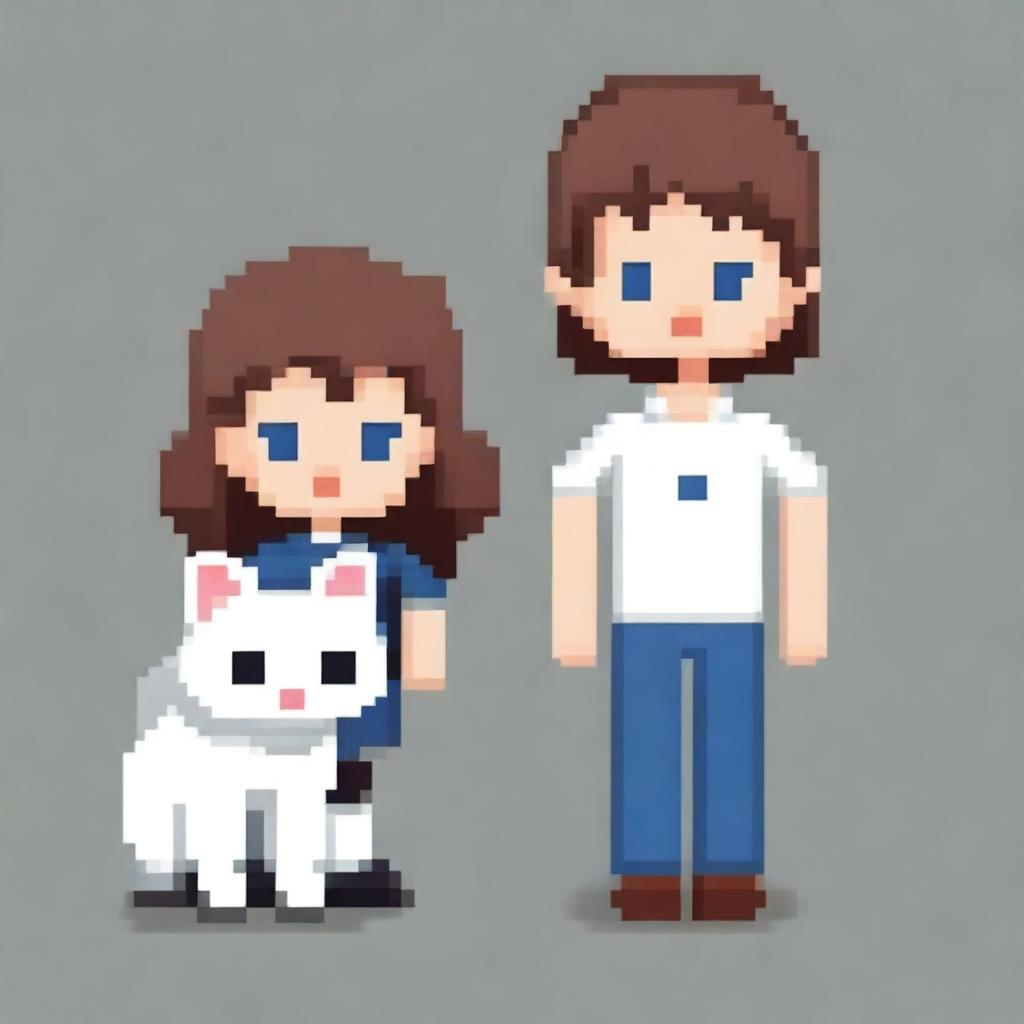 Create a pixel art image featuring a man and a woman with a white cat on a white background