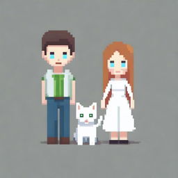 Create a pixel art image featuring a man and a woman with a white cat on a white background