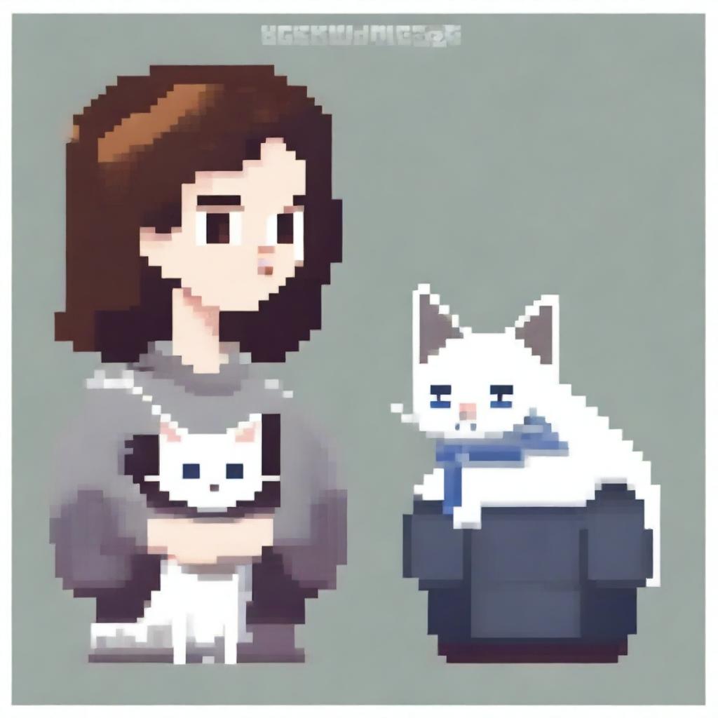 Create a pixel art image featuring a man and a woman with a white cat on a white background