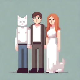 Create a pixel art image featuring a man and a woman with a white cat on a white background