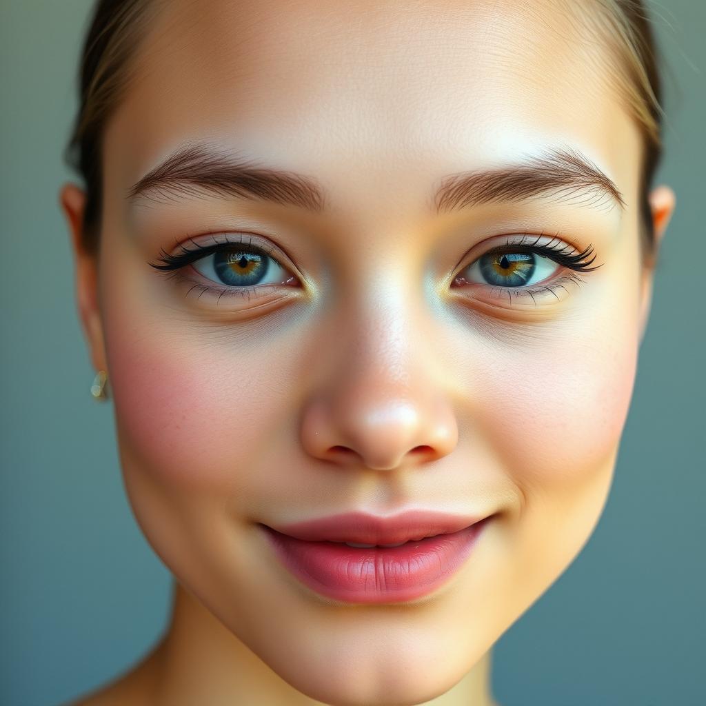 A portrait of a light-skinned Blasian person with epicanthic folds, hazel eyes, a pretty smile, and pretty pink lips