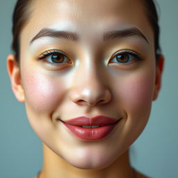 A portrait of a light-skinned Blasian person with epicanthic folds, hazel eyes, a pretty smile, and pretty pink lips