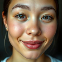 A portrait of a light-skinned Blasian person with epicanthic folds, hazel eyes, a pretty smile, and pretty pink lips