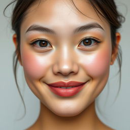 A portrait of a light-skinned Blasian person with epicanthic folds, hazel eyes, a pretty smile, and pretty pink lips