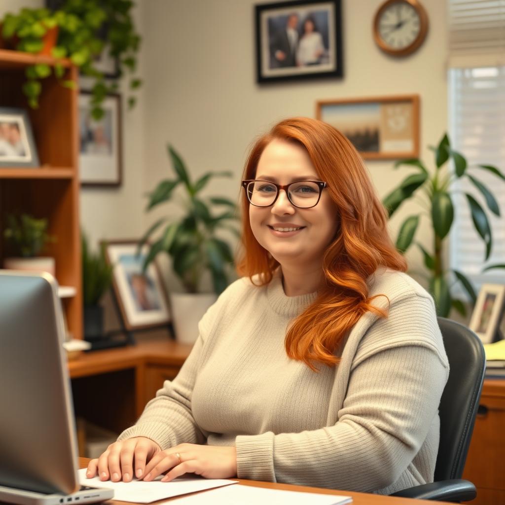 A homely, chubby, red-haired secretary sitting at her desk in a cozy office