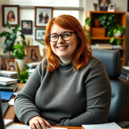 A homely, chubby, red-haired secretary sitting at her desk in a cozy office