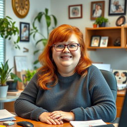 A homely, chubby, red-haired secretary sitting at her desk in a cozy office