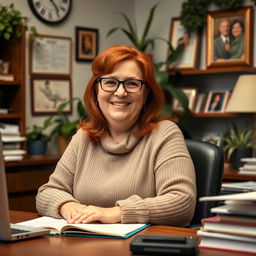 A homely, chubby, red-haired secretary sitting at her desk in a cozy office