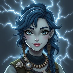 Draw an air genasi girl with gray skin and navy blue wavy hair and gray eyes