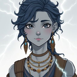 Draw an air genasi girl with gray skin and navy blue wavy hair and gray eyes