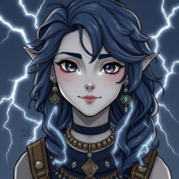 Draw an air genasi girl with gray skin and navy blue wavy hair and gray eyes