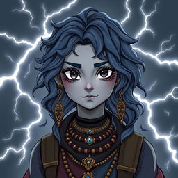 Draw an air genasi girl with gray skin and navy blue wavy hair and gray eyes