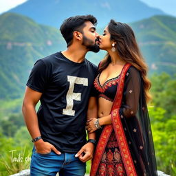 A hyper-realistic photo of a 20-year-old couple kissing in a romantic scene with a beautiful mountain and greenery background