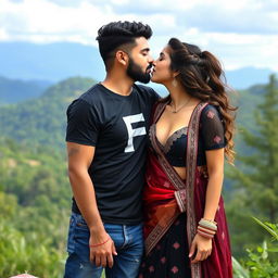 A hyper-realistic photo of a 20-year-old couple kissing in a romantic scene with a beautiful mountain and greenery background