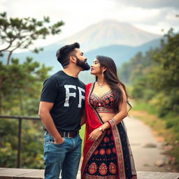 A hyper-realistic photo of a 20-year-old couple kissing in a romantic scene with a beautiful mountain and greenery background