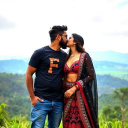 A hyper-realistic photo of a 20-year-old couple kissing in a romantic scene with a beautiful mountain and greenery background