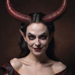 A horned female demon queen, tipsy, captured in an intriguing portrait. Her expression is cheeky, eyebrows raised, a hint of mischief in her crimson eyes.