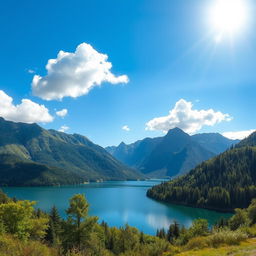 A beautiful landscape featuring a serene lake surrounded by lush greenery and majestic mountains in the background