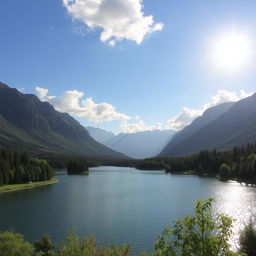 A beautiful landscape featuring a serene lake surrounded by lush greenery and majestic mountains in the background