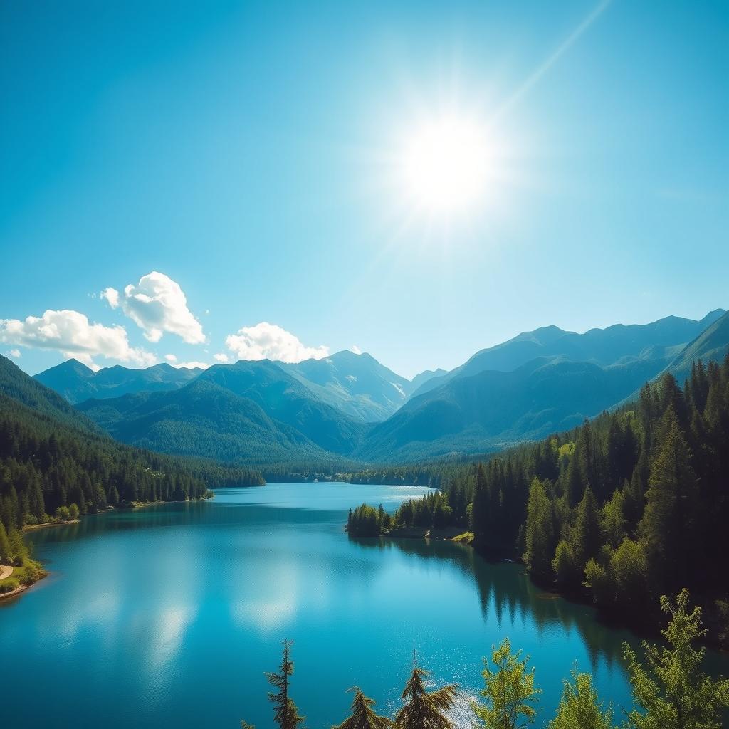 A beautiful landscape featuring a serene lake surrounded by lush greenery and majestic mountains in the background